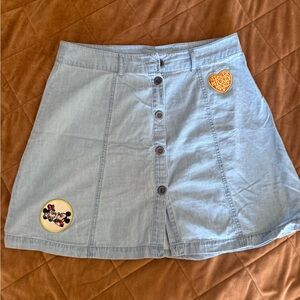Denim Button-Up Disney Skirt with Embroidered Patches